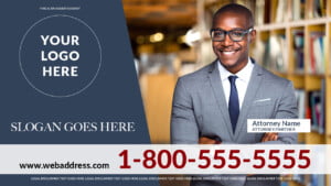 template attorney ad example with black attorney standing in front of bookshelf in a suit